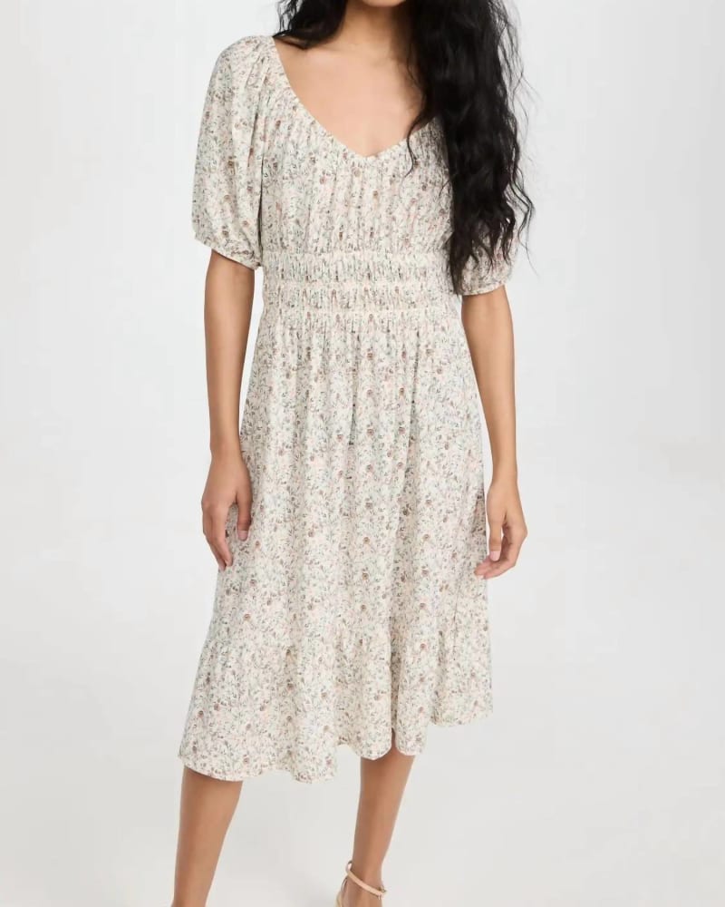 Front of a model wearing a size L Fabia Shirred Midi Dress in Meadow in Meadow by Nation LTD. | dia_product_style_image_id:342709